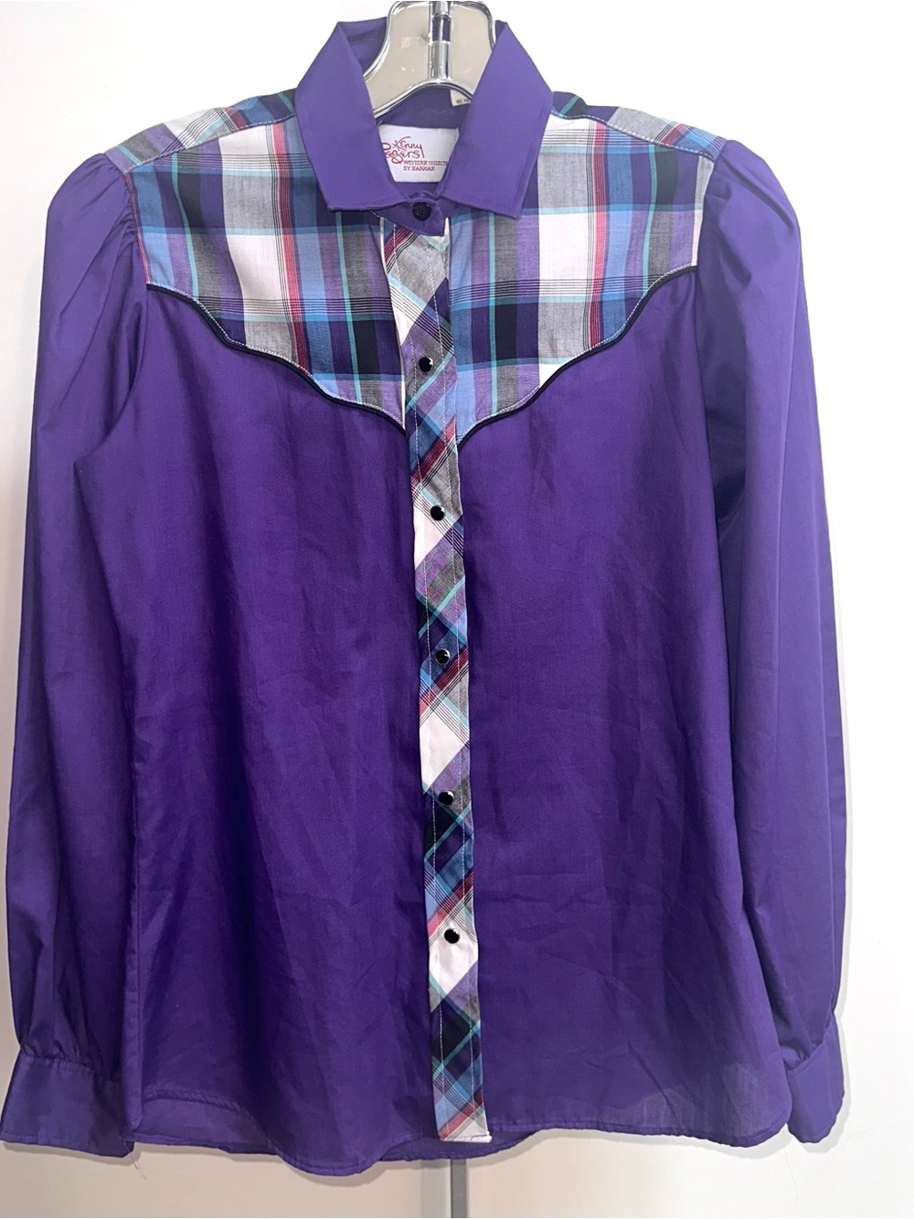 Vintage Kenny Rogers Purple Western-Style Plaid Yoke Button-Up Blouse